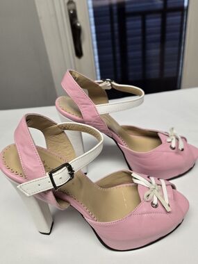 Zeyzani Pink  Vintage Inspired Leather Peep Toe Platform Pumps Size 38 US 7.5